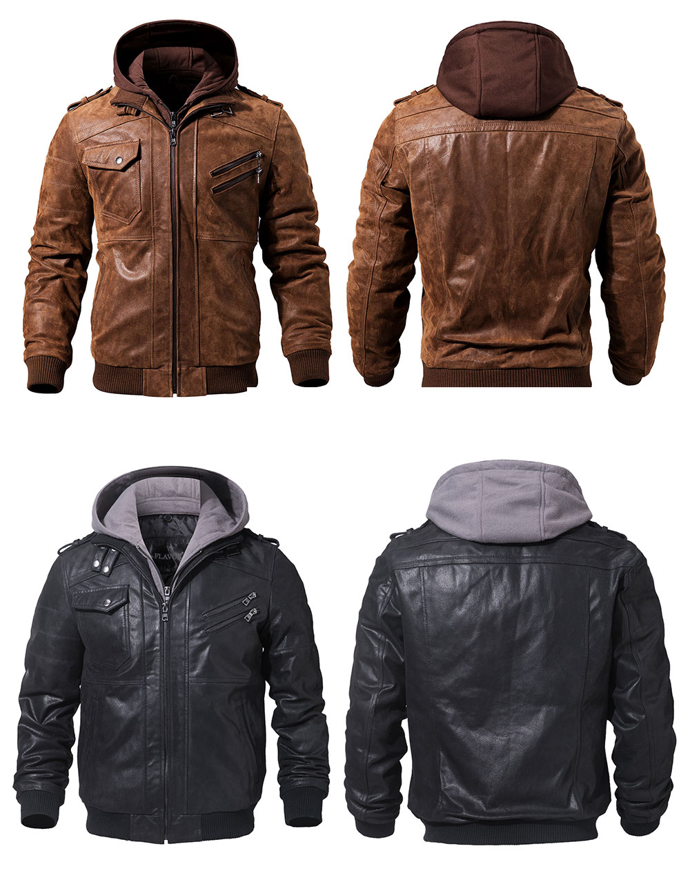 Men's Real Leather Motorcycle Jacket with Removable Hood